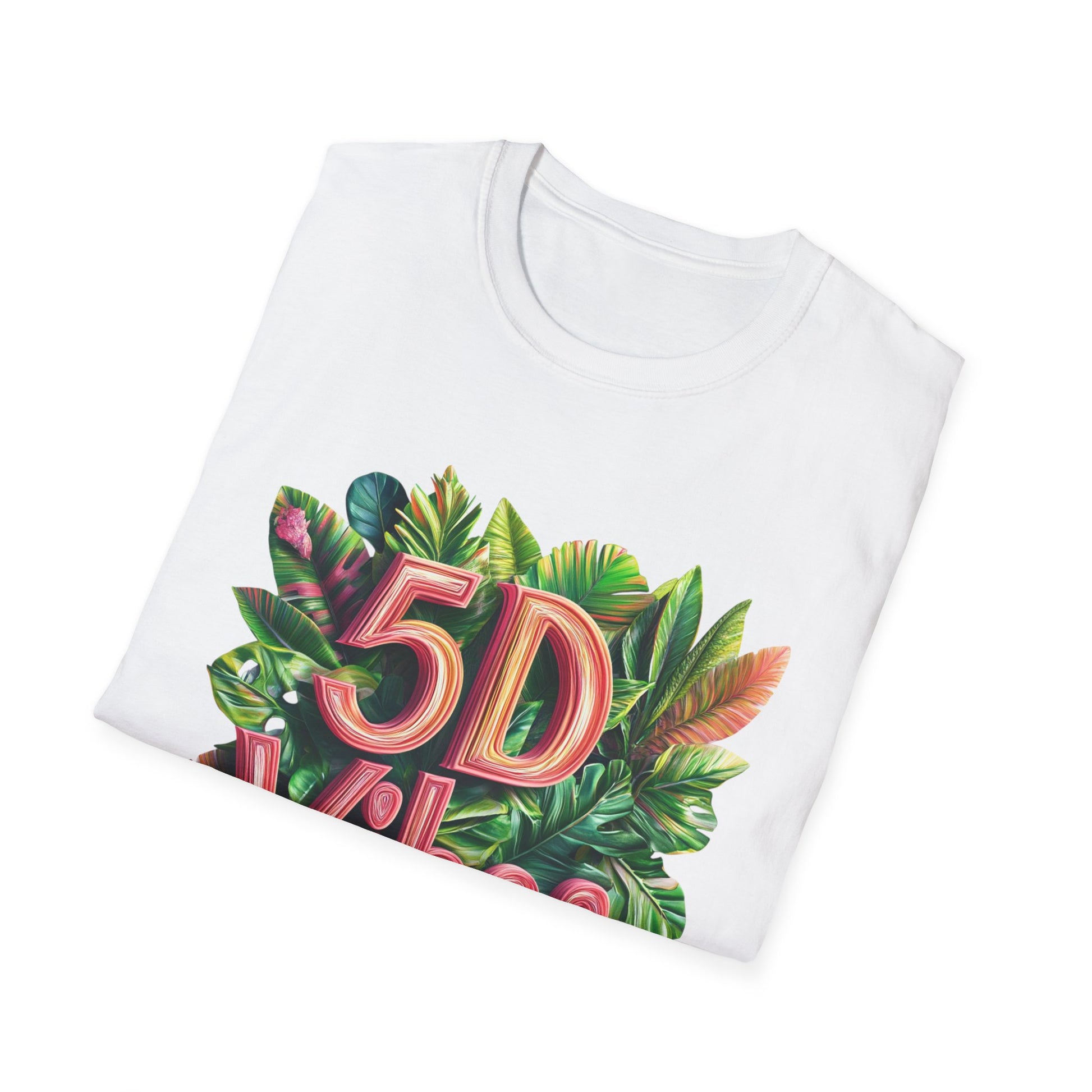 White tropical 5D vibes t-shirt featuring vibrant leaf and colorful text design