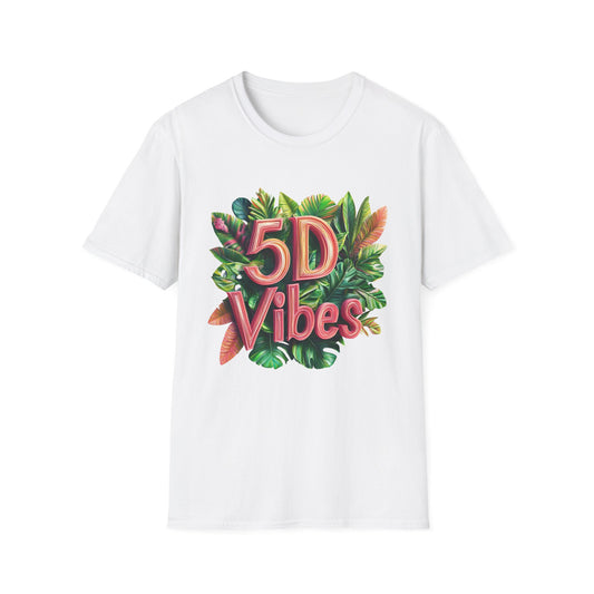 White tropical 5D vibes t-shirt featuring vibrant foliage and colorful text design
