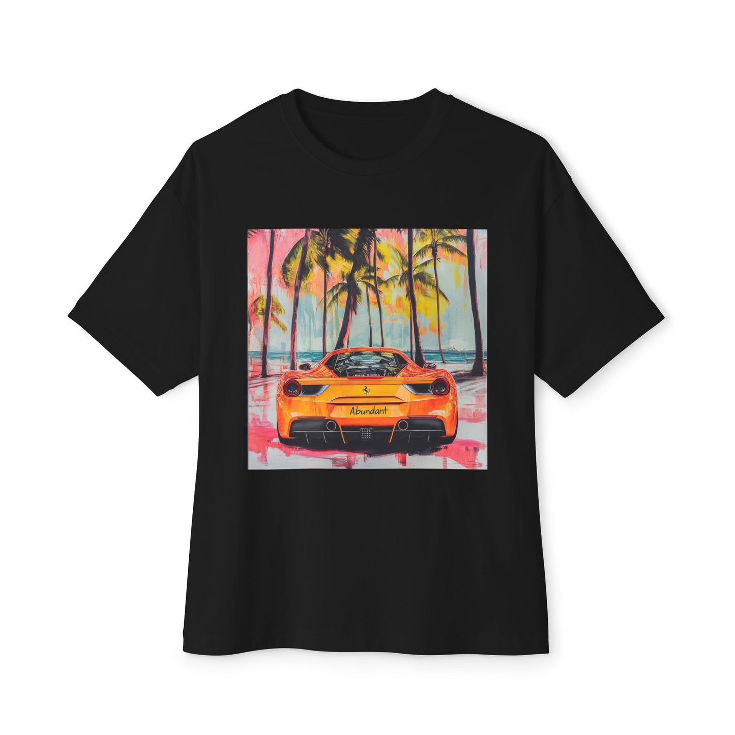 Black tropical graphic tee featuring a vibrant car design with palm trees and sunset background