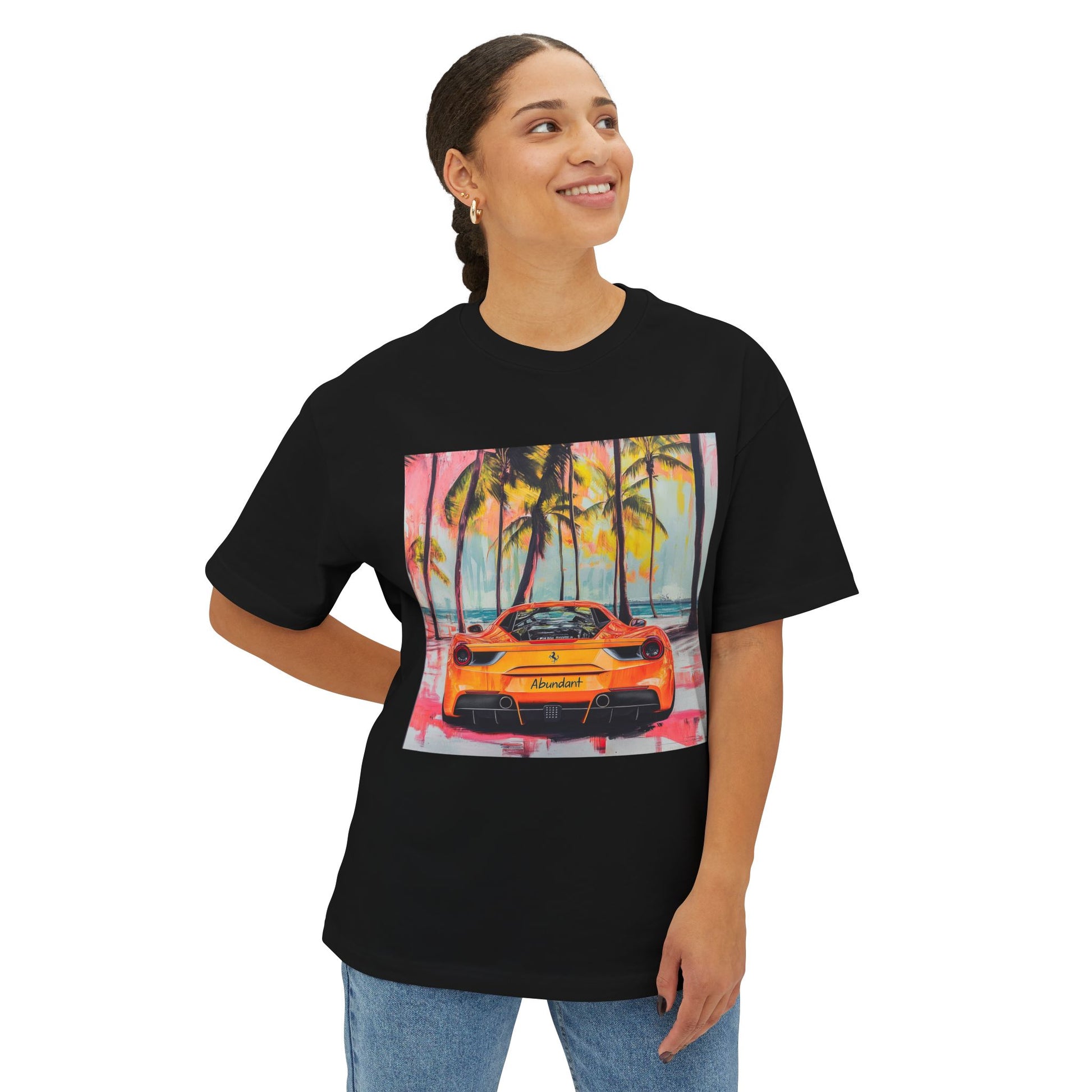 Black tropical graphic tee featuring vibrant car and palm tree print for stylish summer wear