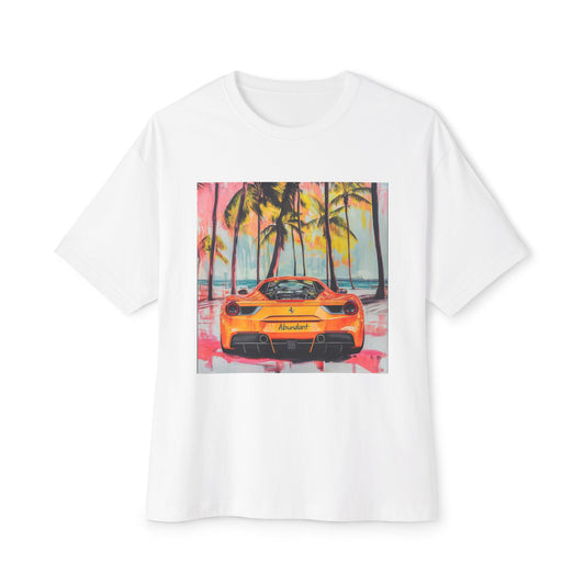 White tropical graphic tee featuring a colorful Ferrari design in a beach setting