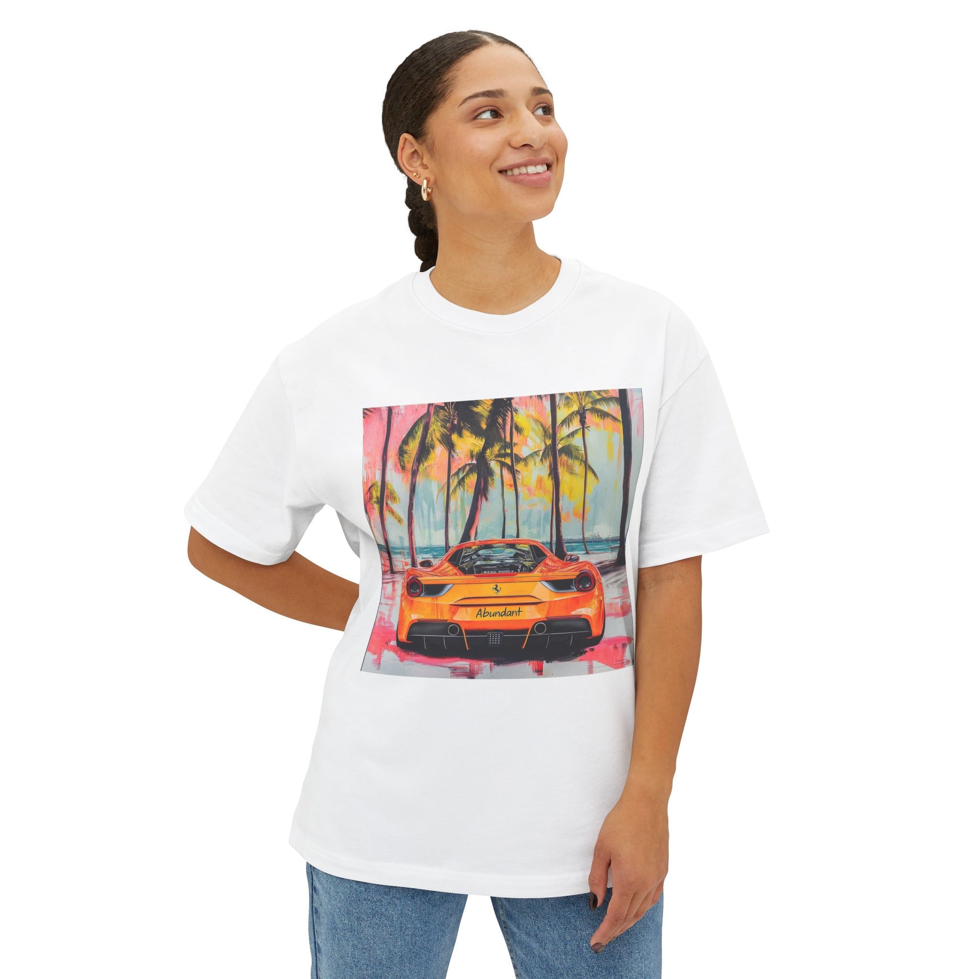 White tropical graphic tee featuring colorful artwork of a sports car with palm trees