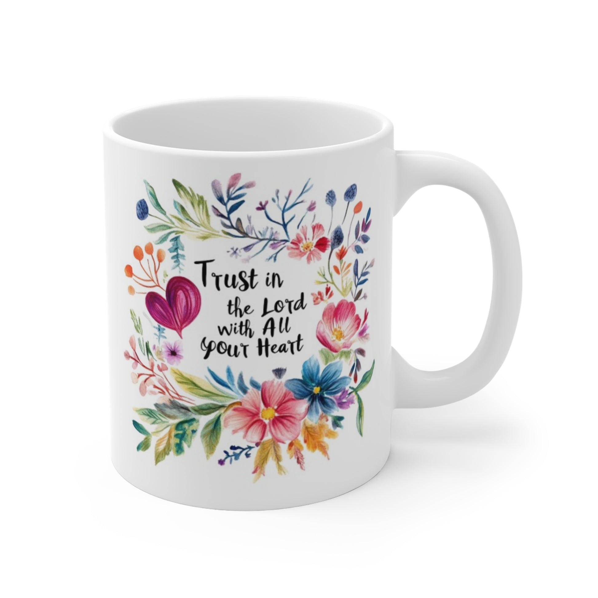 Trust the Lord coffee cup with floral design and inspirational quote for daily motivation
