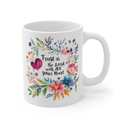 Trust the Lord coffee cup with floral design and inspirational quote for daily motivation