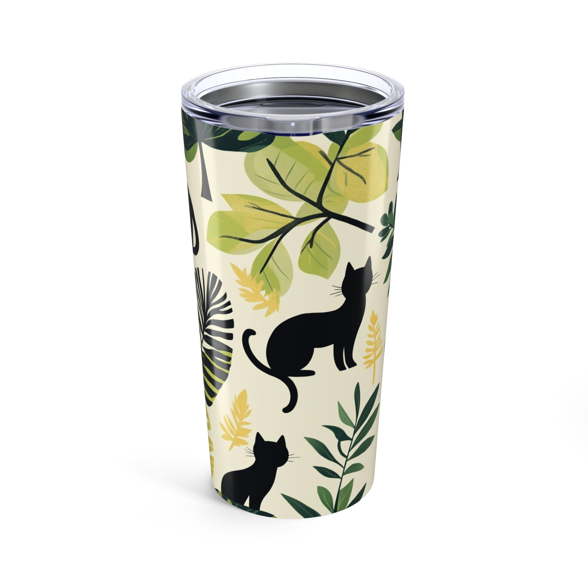Stylish 20oz tumbler featuring black cats and tropical leaf designs for drinking on the go