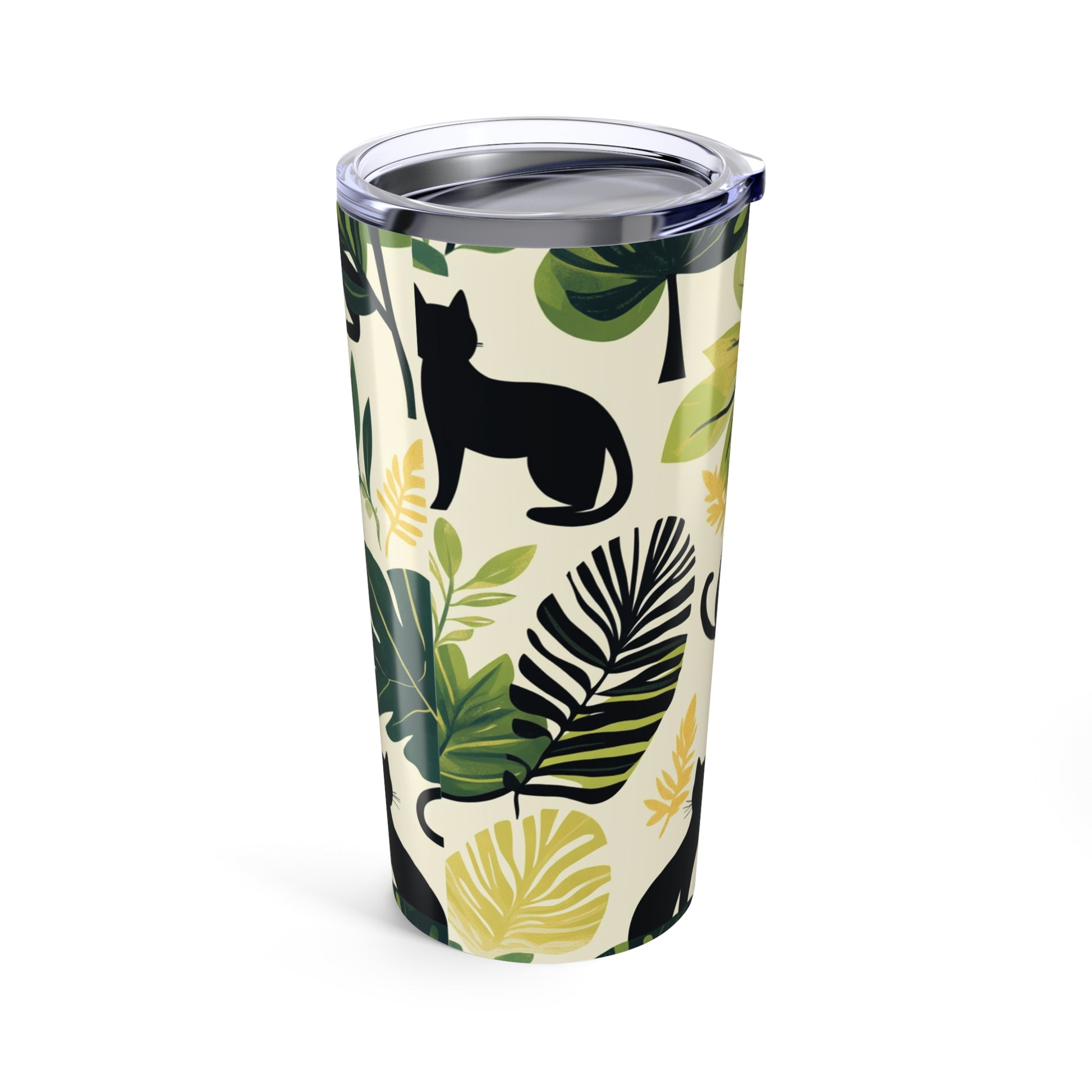 Colorful 20oz tumbler featuring a cat design and tropical leaf patterns for stylish hydration