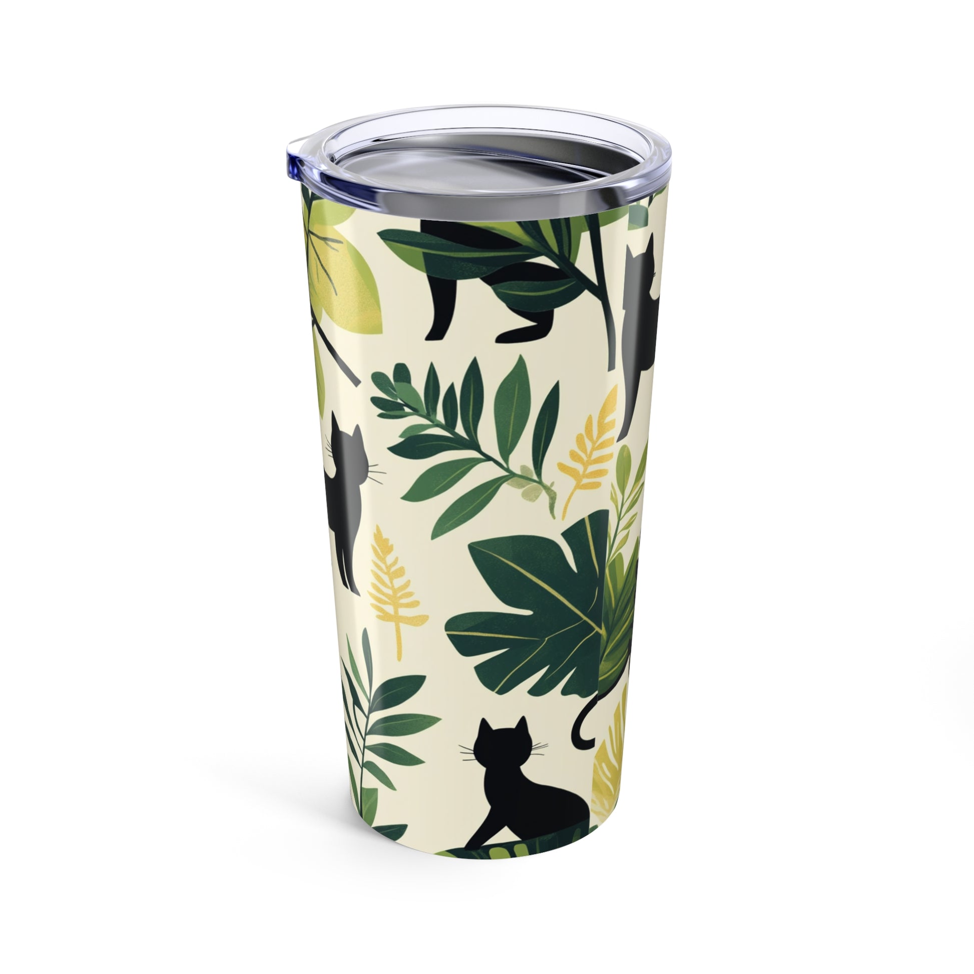 Tumbler 20oz with a black cat and tropical leaf design for stylish hydration