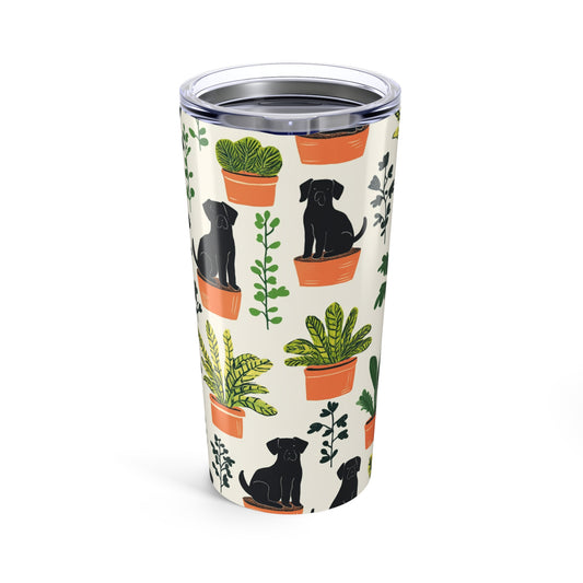 Colorful tumbler 20oz featuring black dogs and potted plants design for animal lovers