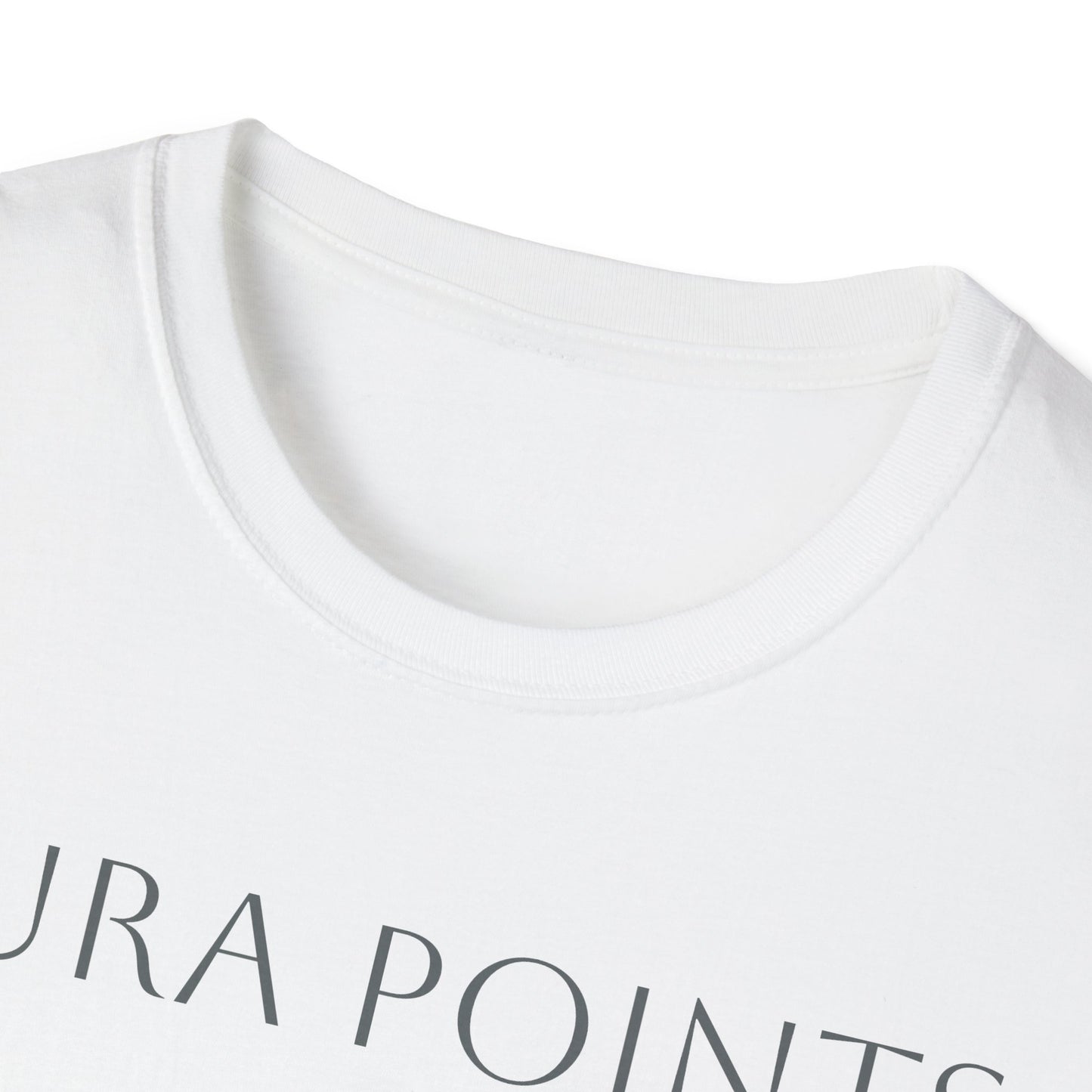Close-up of a white unisex aura Points t-shirt showcasing soft fabric and modern design