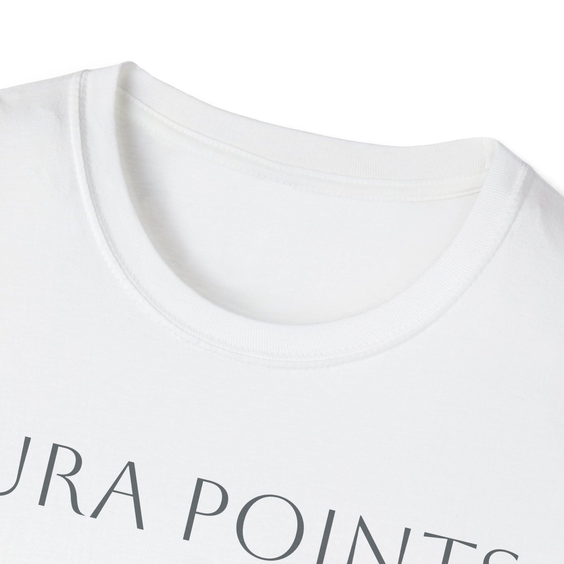 Close-up of a white unisex aura Points t-shirt showcasing soft fabric and modern design