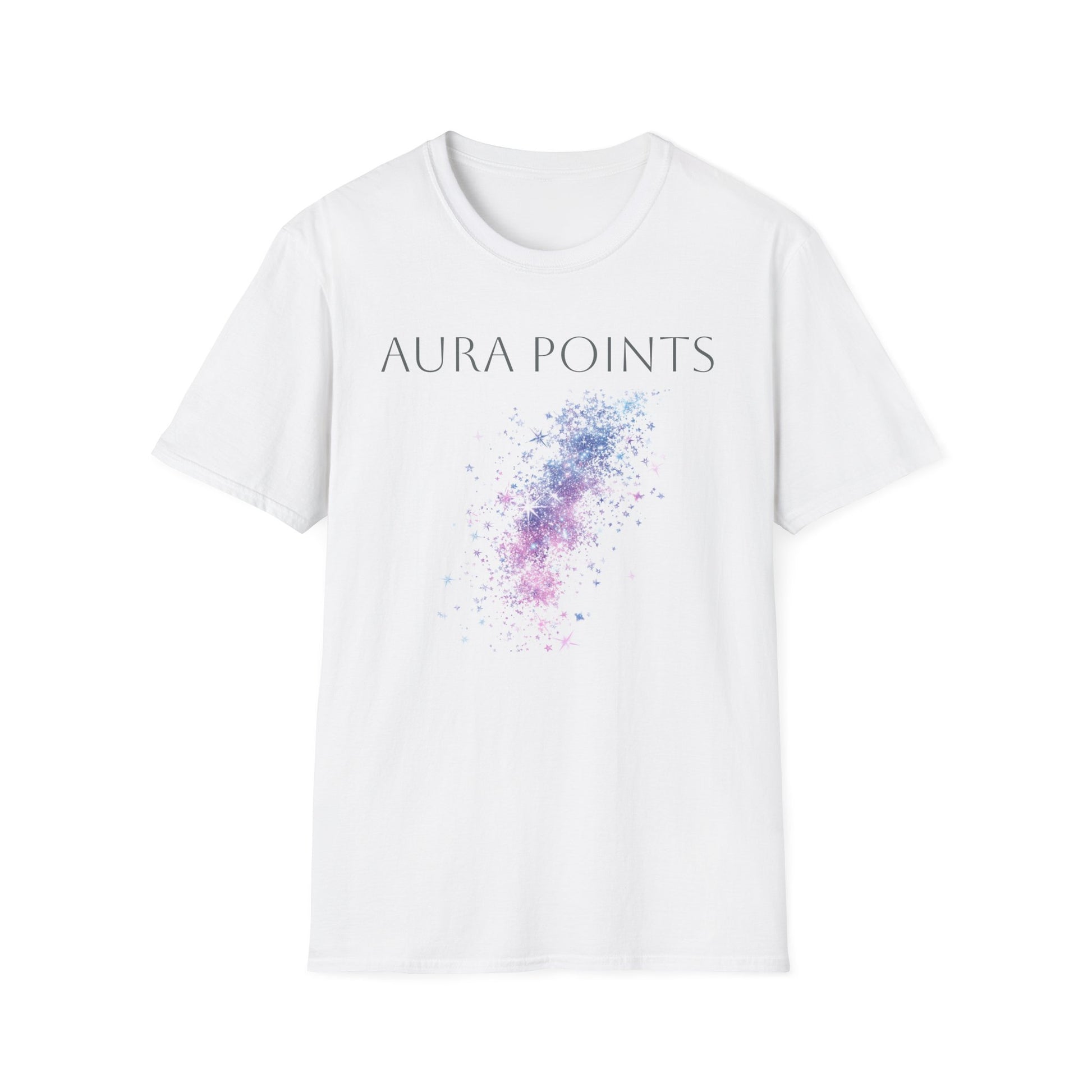 White unisex aura Points t-shirt featuring a colorful splash design and stylish text