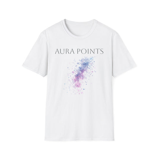 White unisex aura Points t-shirt featuring a colorful splash design and stylish text
