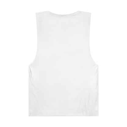 Back view of a plain white unisex meditation tank top for comfortable wear during yoga and relaxation