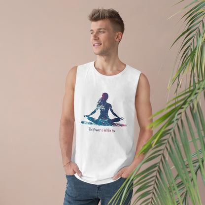 Unisex meditation tank top featuring a vibrant design of a meditating figure for relaxation and yoga practice