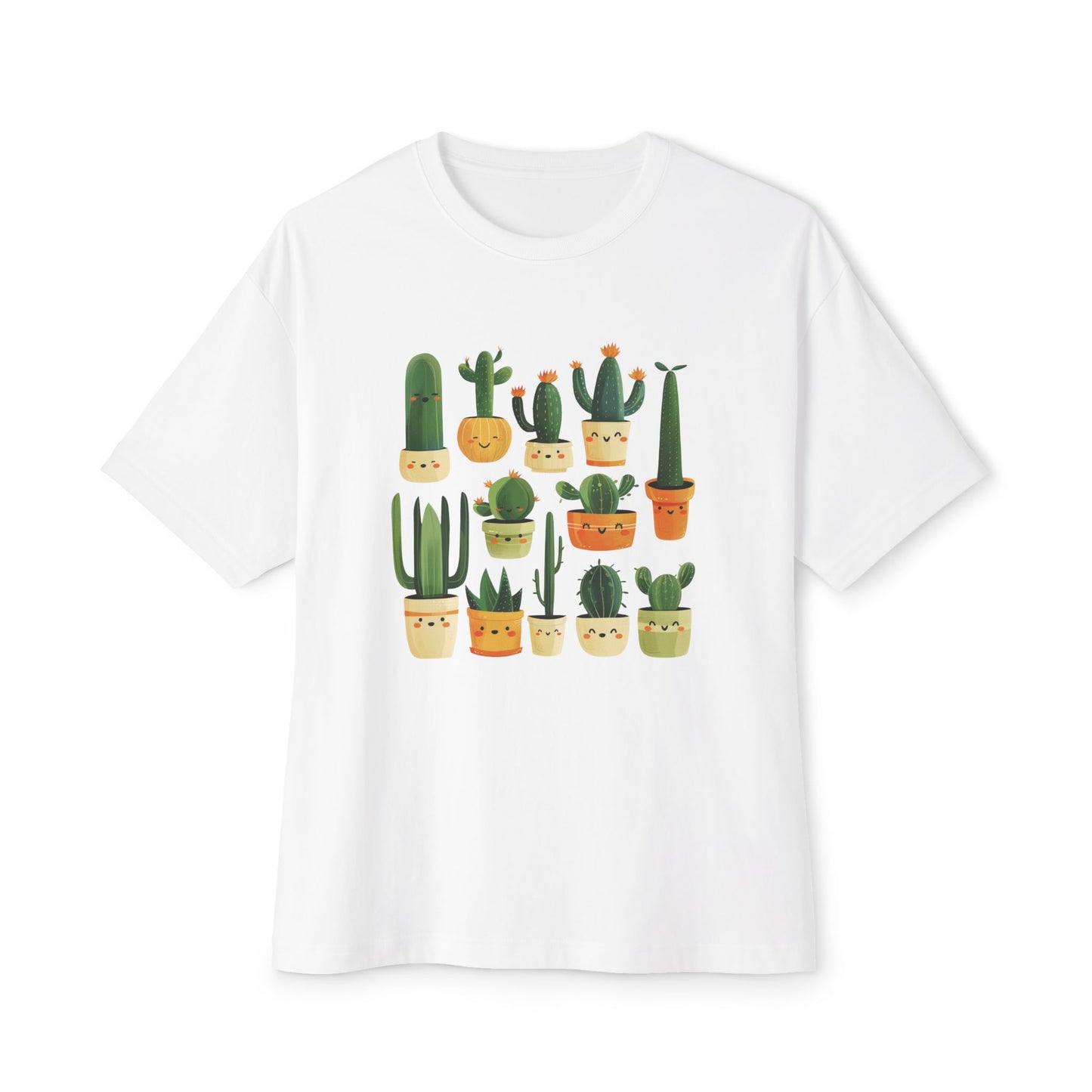 White unisex oversized boxy tee featuring cute cactus illustrations in pots