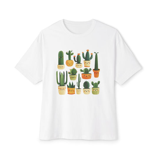 White unisex oversized boxy tee featuring cute cactus illustrations in pots