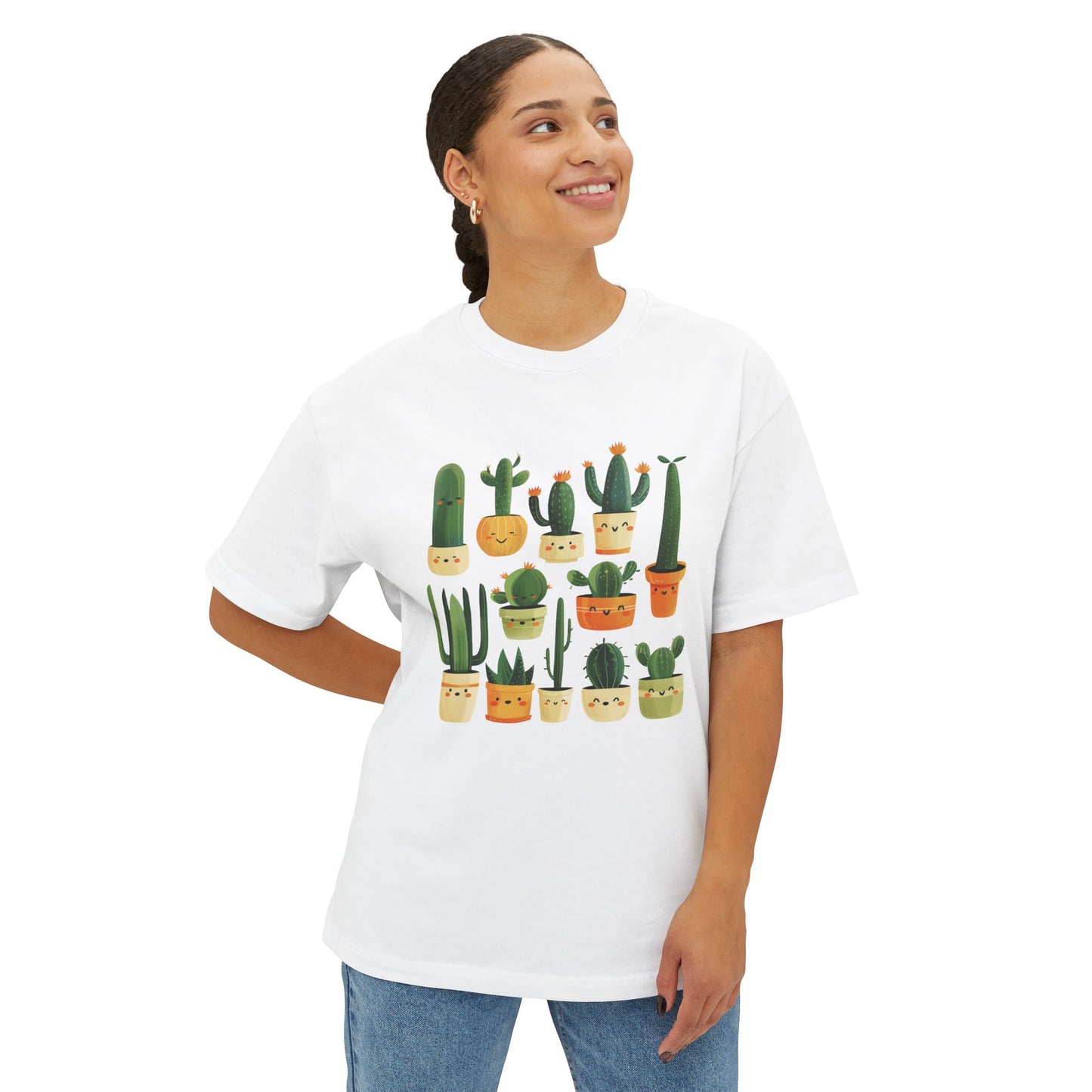 Model wearing a quirky cactus print unisex oversized boxy tee in white
