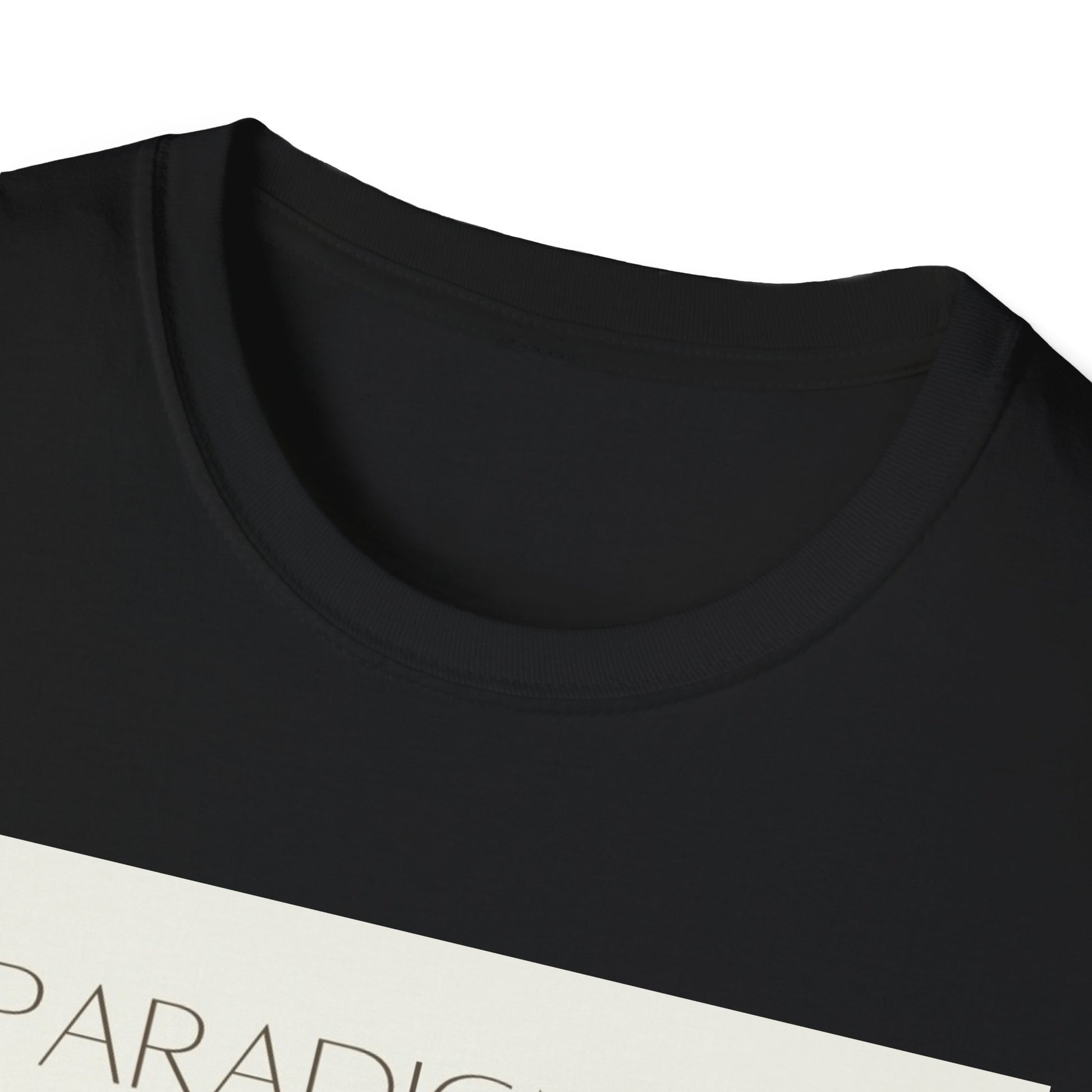 Close-up of unisex softstyle zen shirt in black with minimalist design and soft fabric