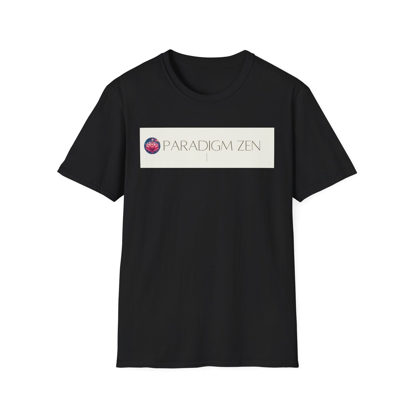 Unisex softstyle zen shirt in black featuring Paradigm Zen logo for casual wear