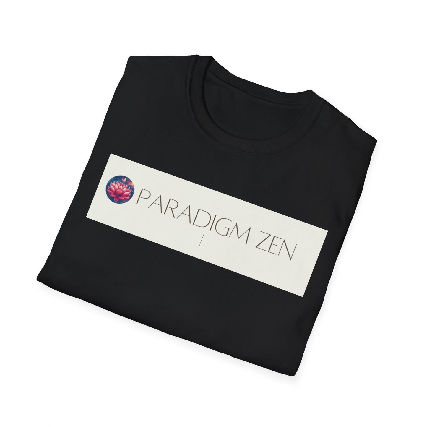 Folded black unisex softstyle zen shirt featuring the text 'PARADIGM ZEN' and a floral design