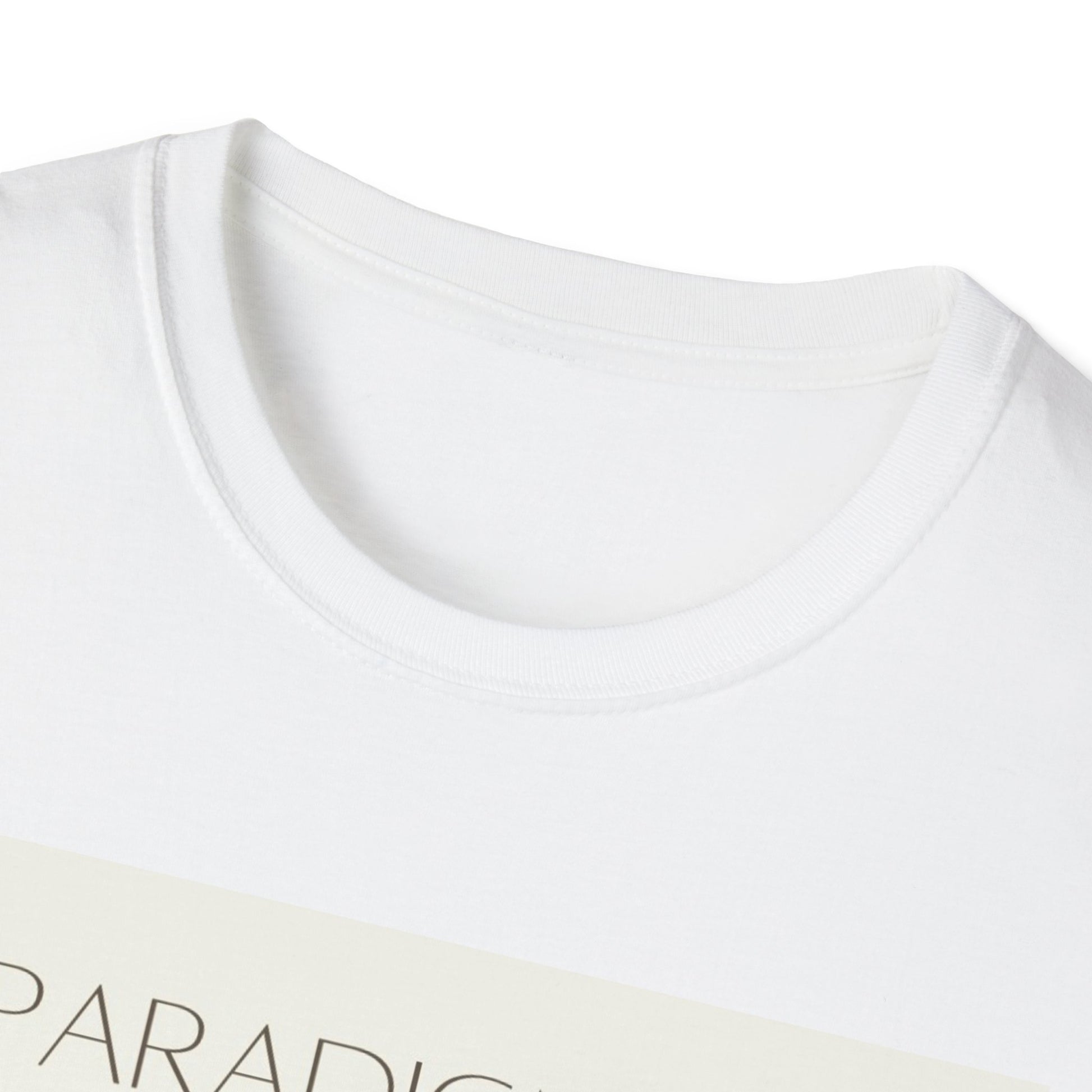 Close-up of a white unisex softstyle zen shirt featuring a relaxed neckline and soft fabric texture