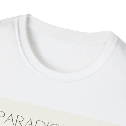 Close-up of a white unisex softstyle zen shirt featuring a relaxed neckline and soft fabric texture