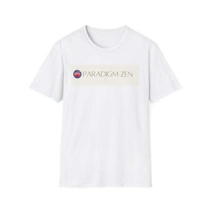 Unisex softstyle zen shirt in white featuring 'PARADIGM ZEN' graphic print