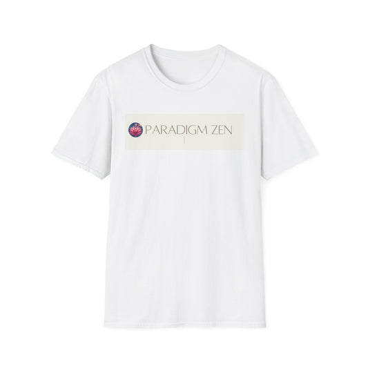 Unisex softstyle zen shirt in white featuring 'PARADIGM ZEN' graphic print