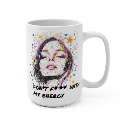 Printify white ceramic mug with stylized woman face and stars and don't F*** with my energy cup.