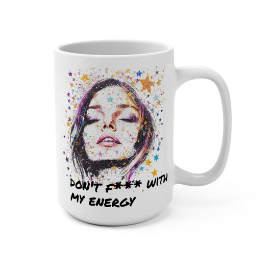 Printify white ceramic mug with stylized woman face and stars and don't F*** with my energy cup.