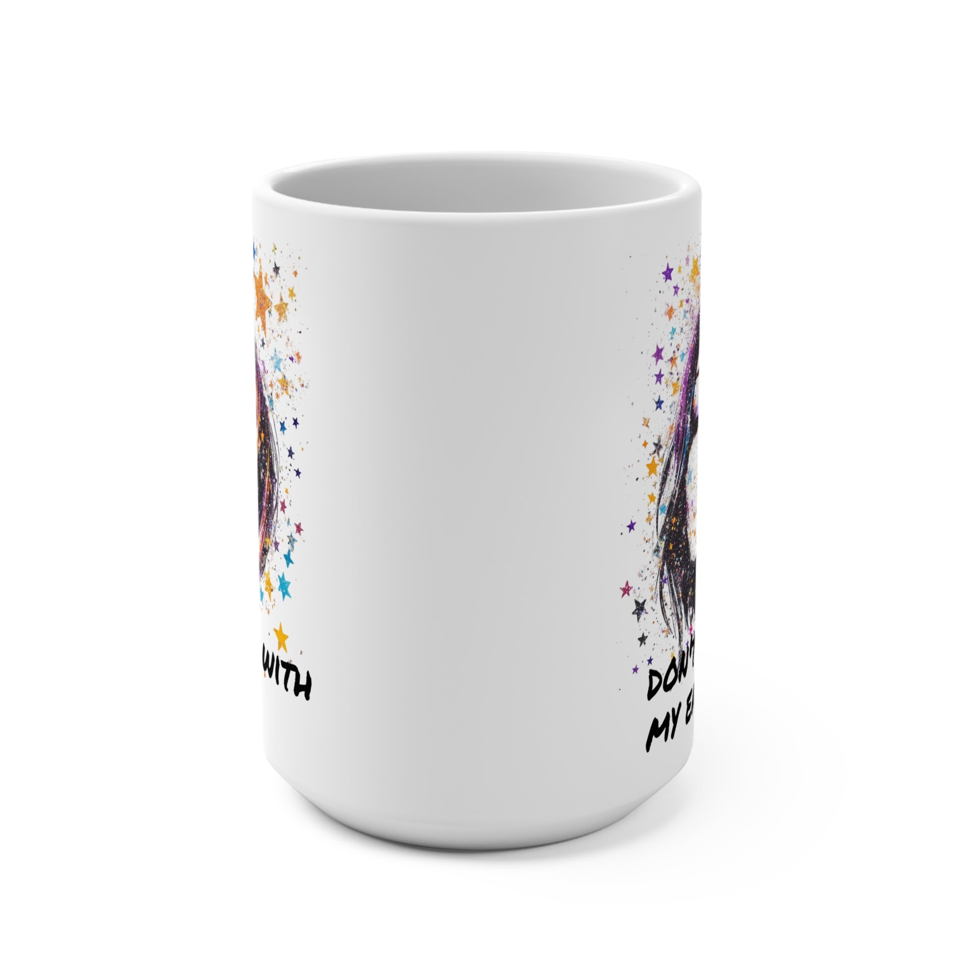 Printify white ceramic mug with colorful star splatter horse illustration and text don't F*** with my energy cup.