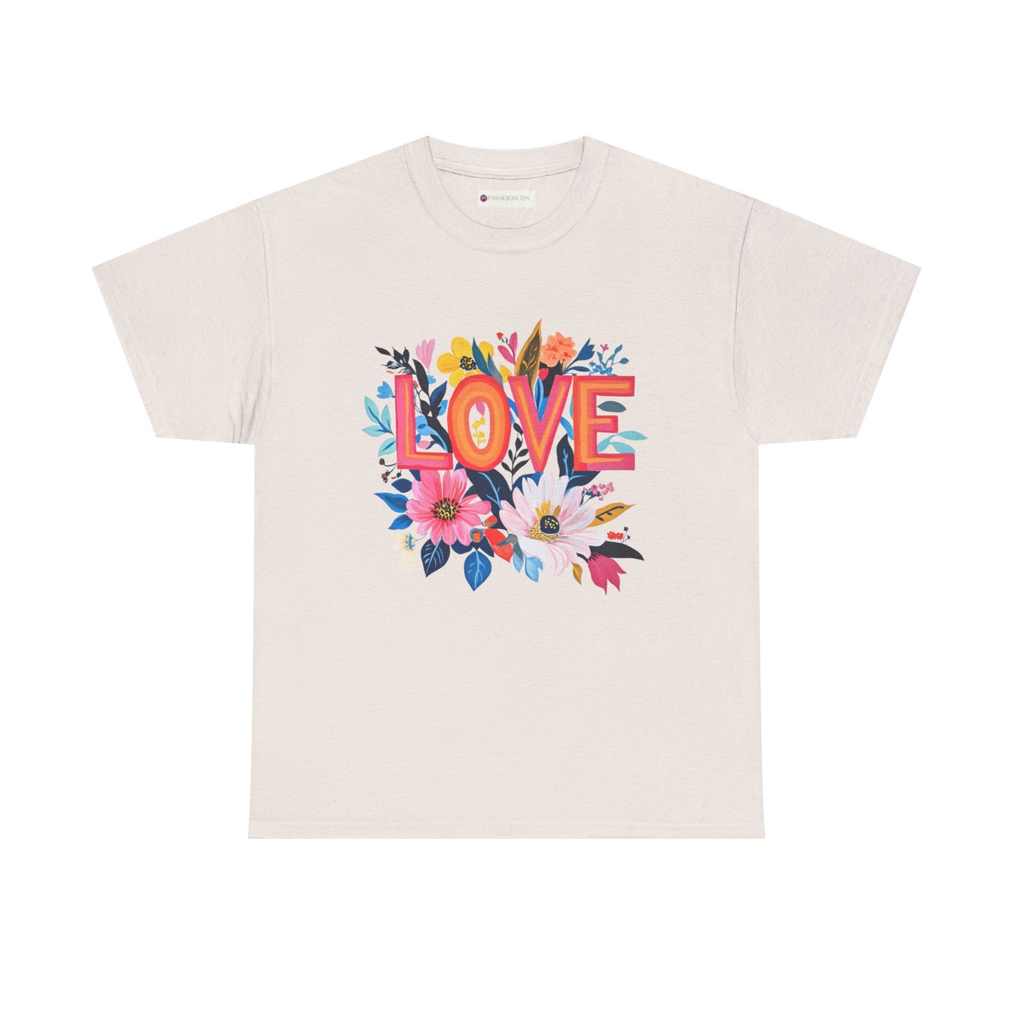 Love is Everything T-Shirt featuring bold colors and floral design on a light background