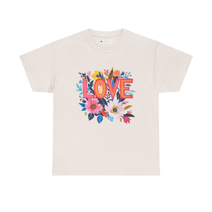 Love is Everything T-Shirt featuring bold colors and floral design on a light background