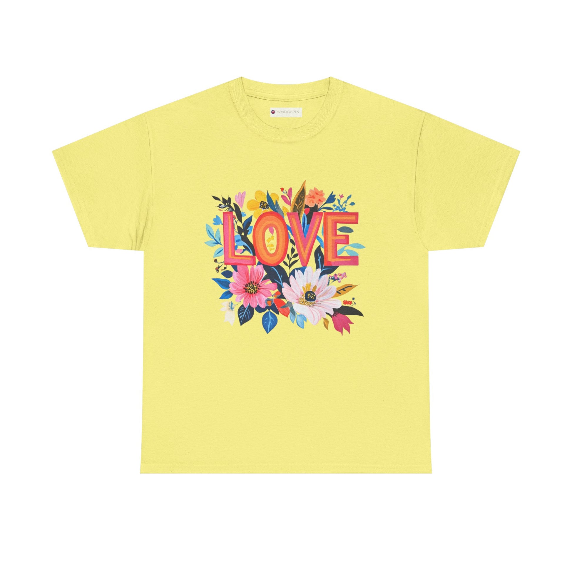 Bright yellow Love is Everything T-Shirt featuring vibrant floral designs and bold lettering