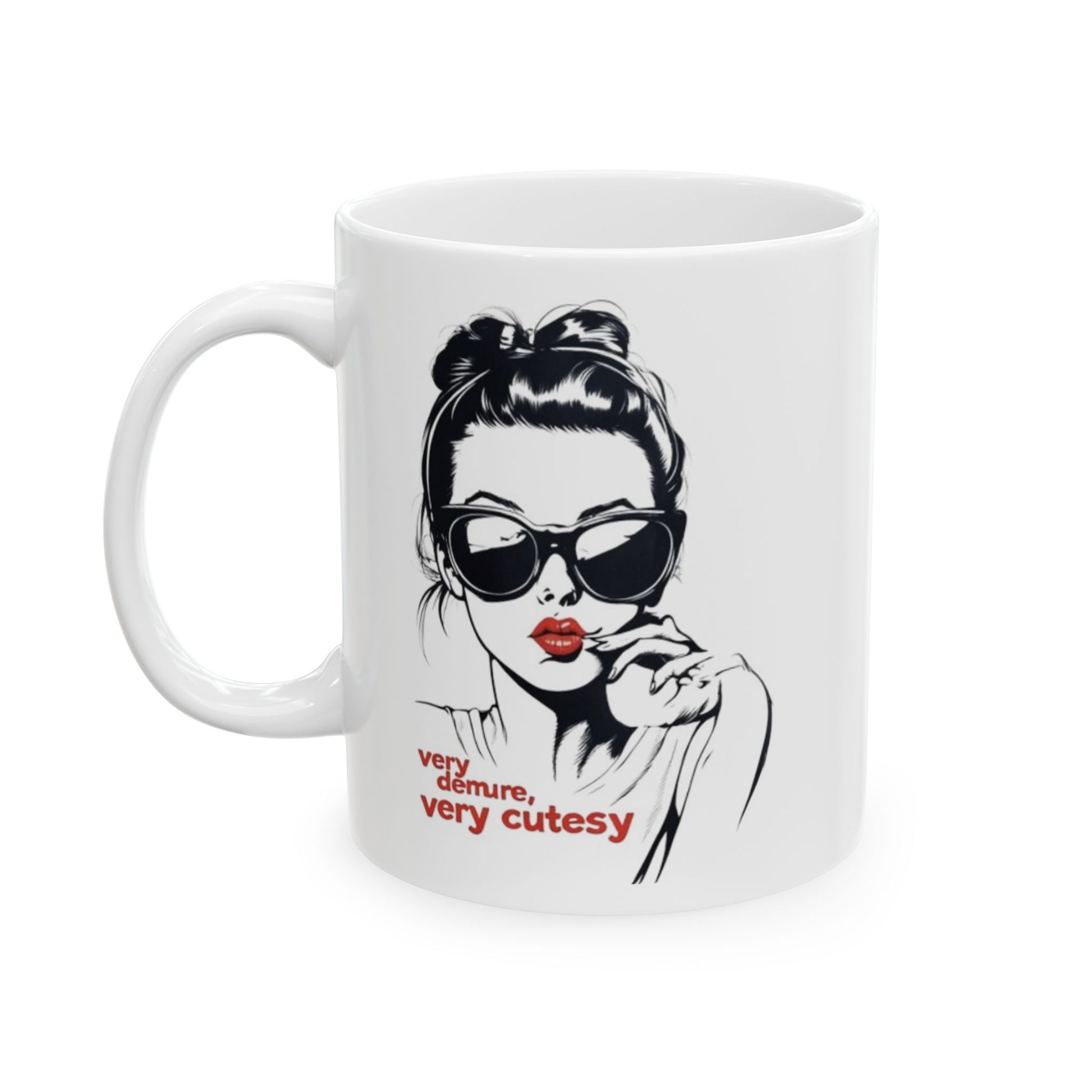 Very Cutesy, Very Demure Mug featuring a stylish woman in sunglasses with red lipstick design