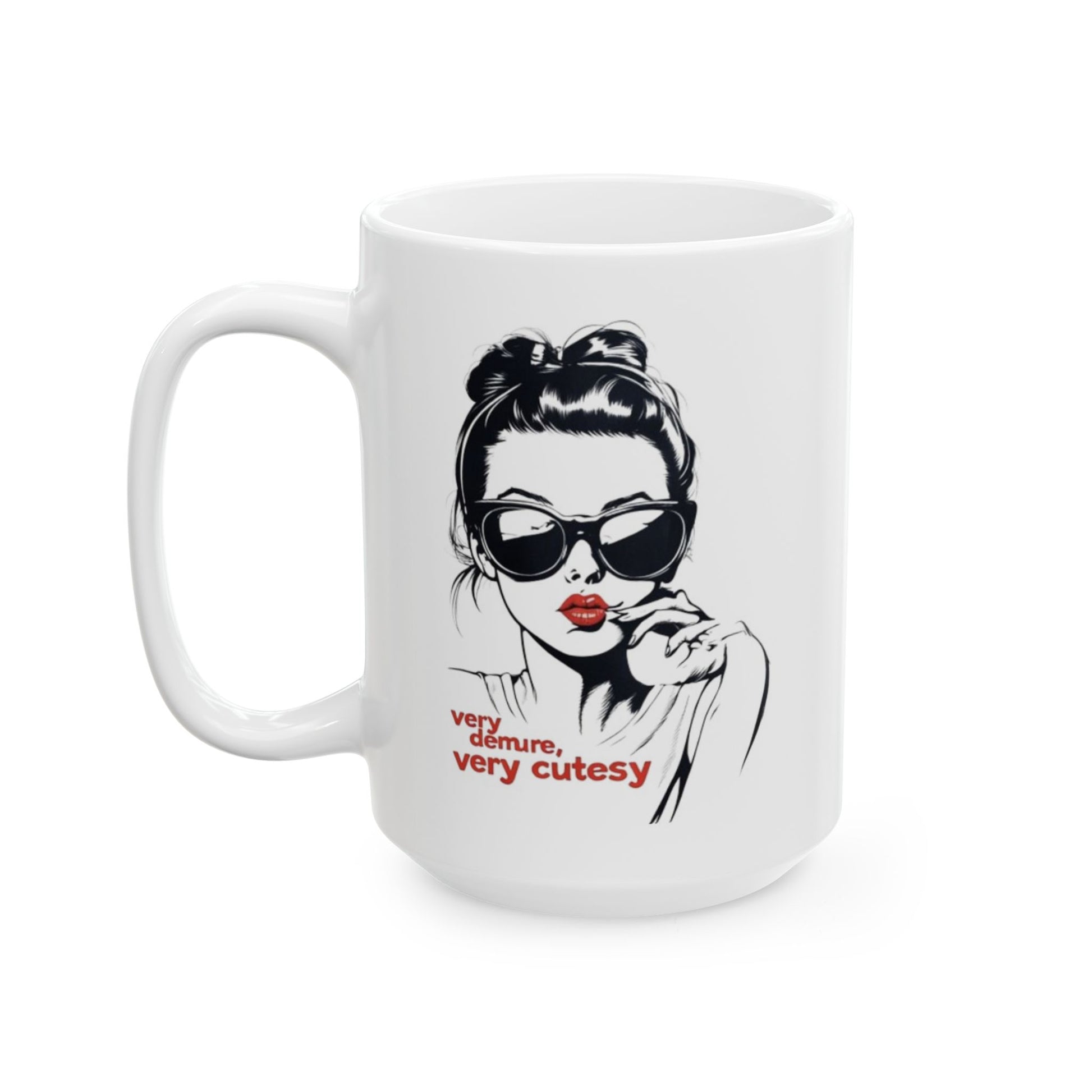 Very Cutesy, Very Demure Mug featuring an elegant woman in sunglasses with red lips design