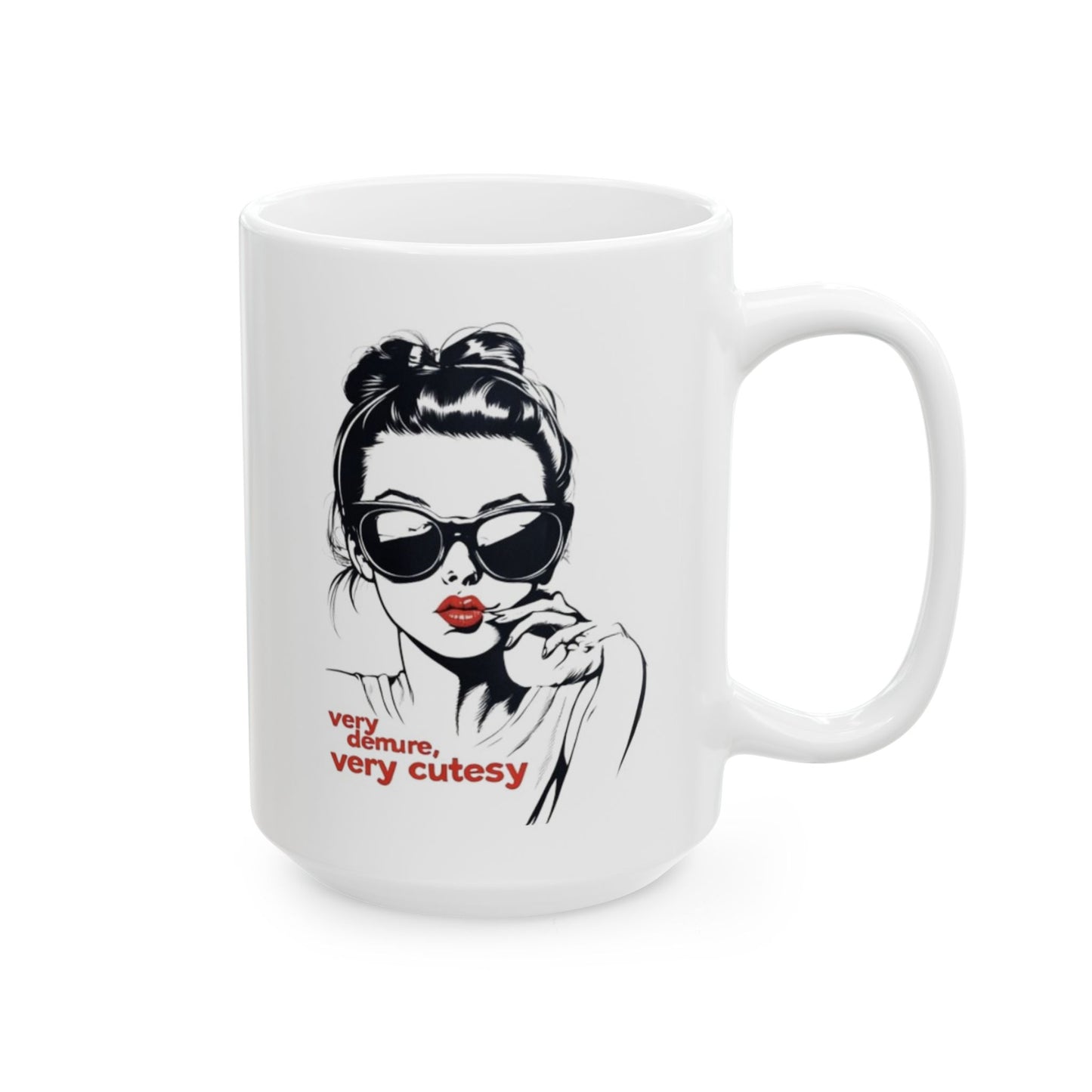 Very Cutesy, Very Demure Mug featuring a stylish woman with sunglasses and red lips