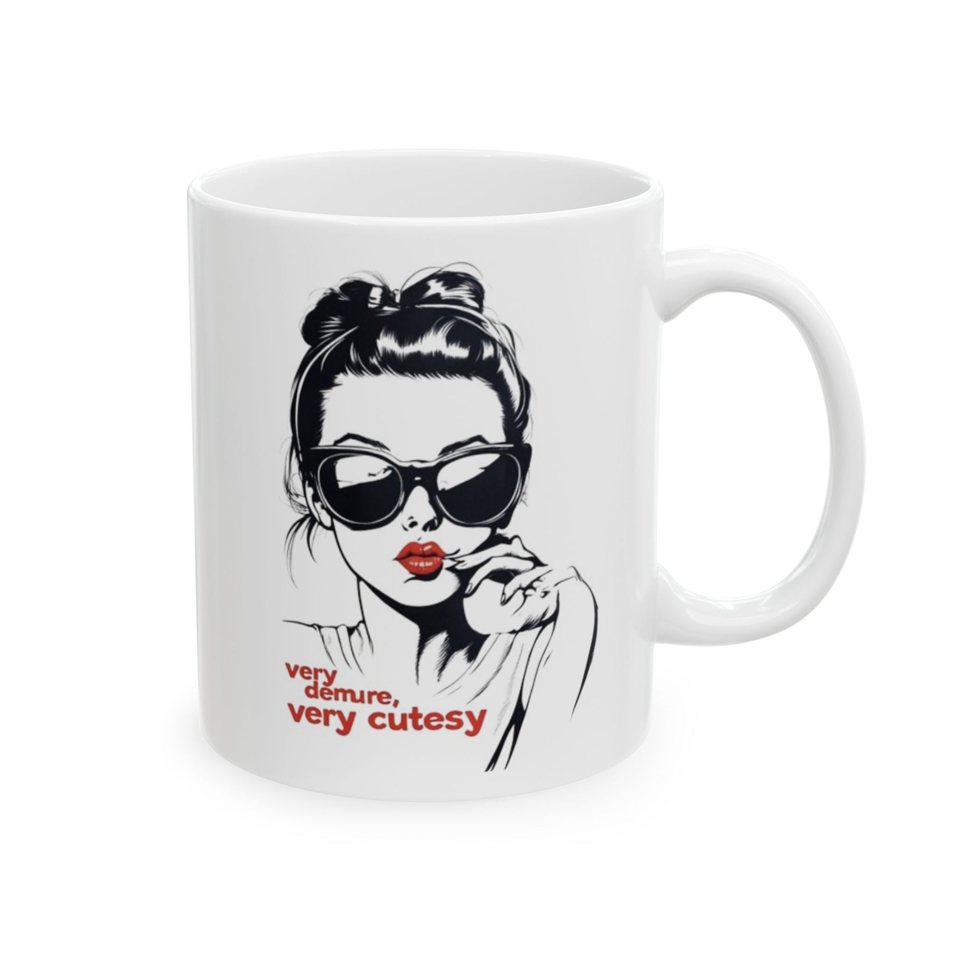 Very Cutesy, Very Demure Mug featuring a stylish illustration of a woman in sunglasses