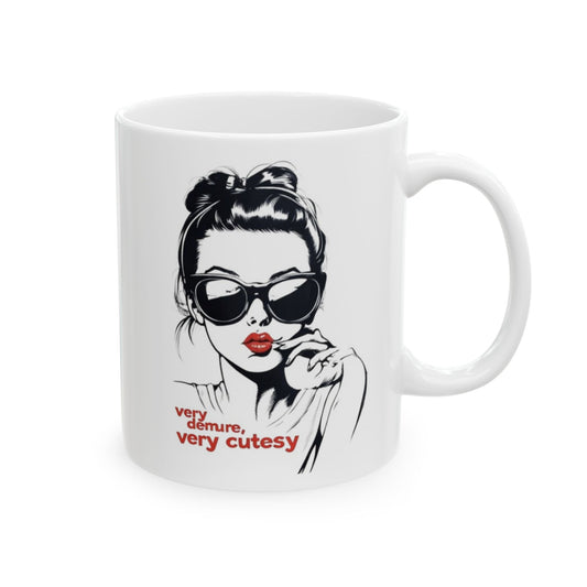 Very Cutesy, Very Demure Mug featuring a stylish illustration of a woman in sunglasses