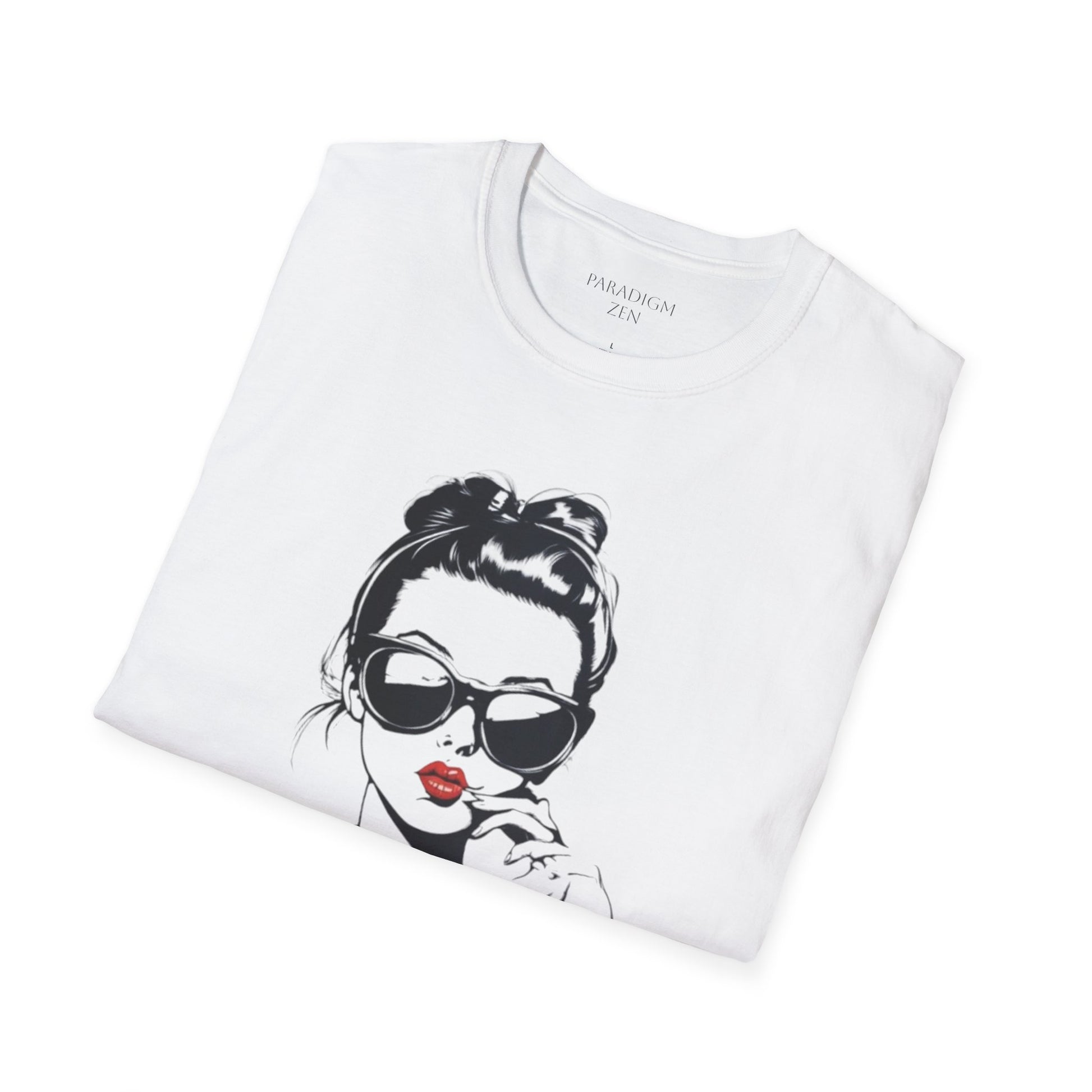Very Cutesy Very Demure T-Shirt featuring a stylish woman in sunglasses with red lips on a white background
