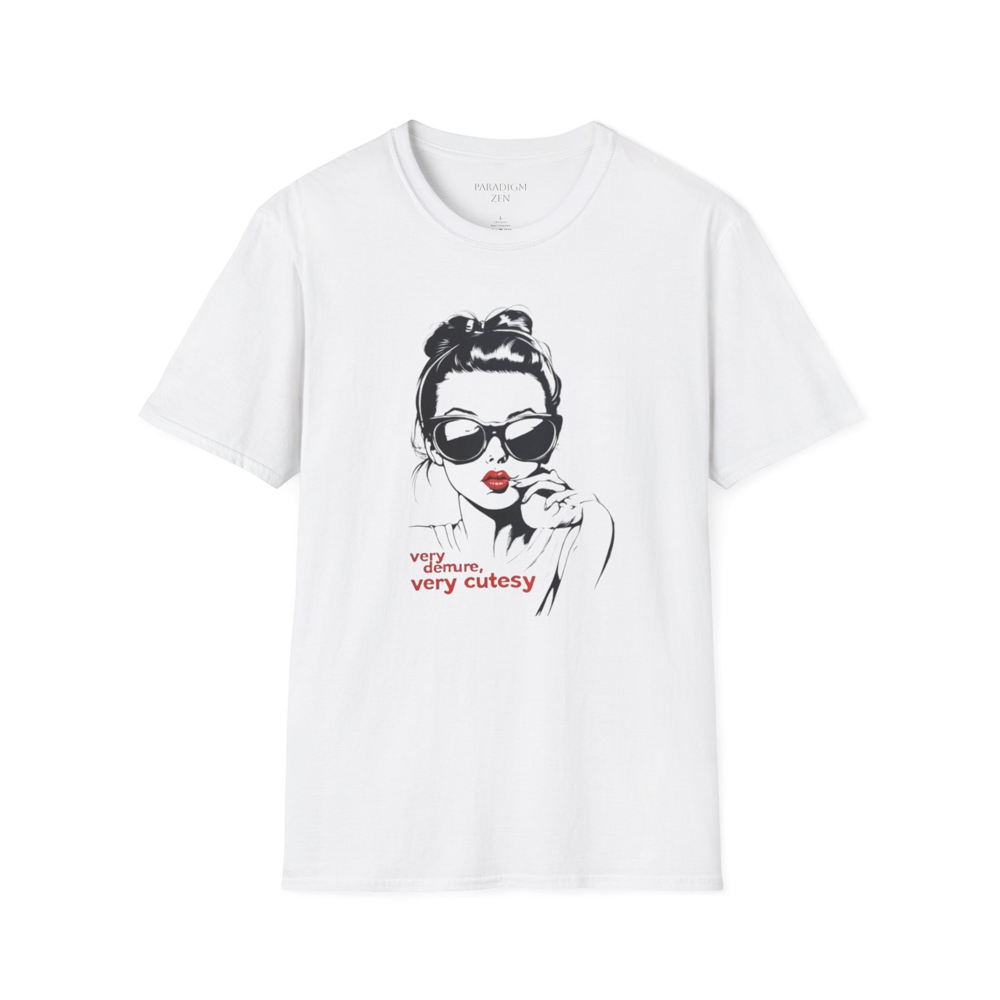 White Very Cutesy Very Demure T-Shirt featuring a stylish graphic of a woman in sunglasses