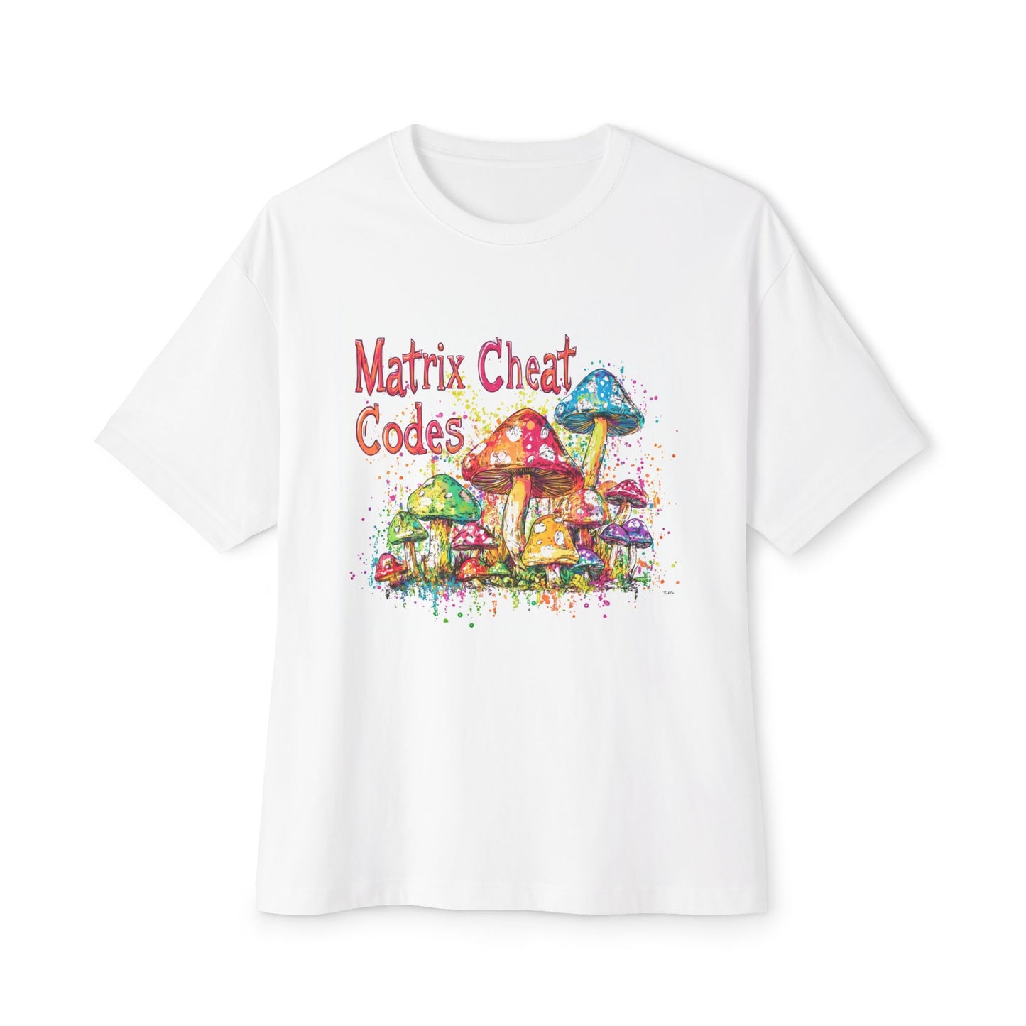 White T-Shirt featuring a colorful mushroom design with the text Matrix Cheat Codes, a vibrant graphic tee