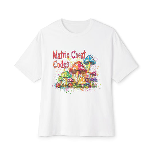 White T-Shirt featuring a colorful mushroom design with the text Matrix Cheat Codes, a vibrant graphic tee