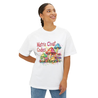 Vibrant Graphic Tee featuring colorful mushroom design with Matrix Cheat Codes text