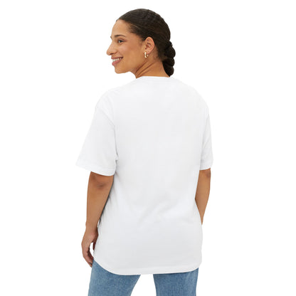 Woman wearing a white Vibrant Graphic Tee with a relaxed fit and casual style from Printify