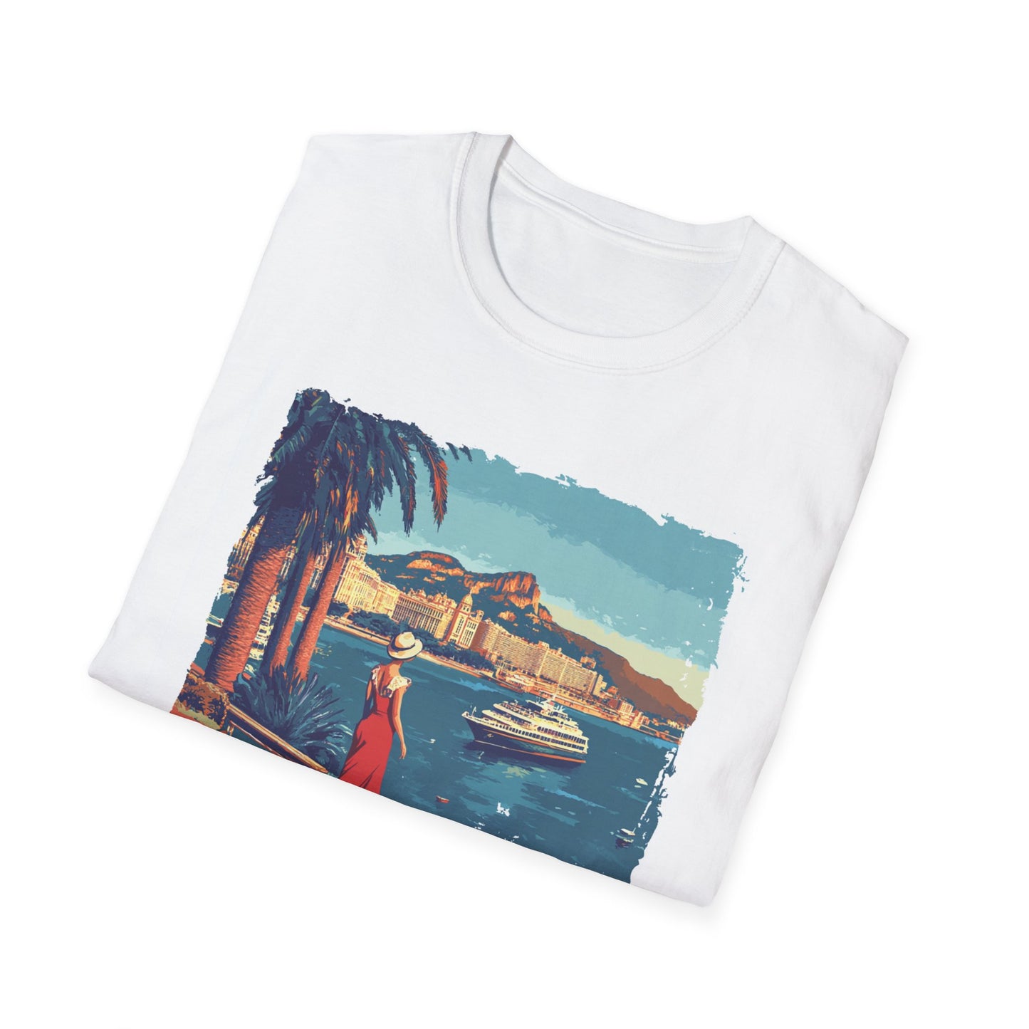 Vintage Monaco t-shirt featuring a scenic waterfront view with palm trees and a woman in red