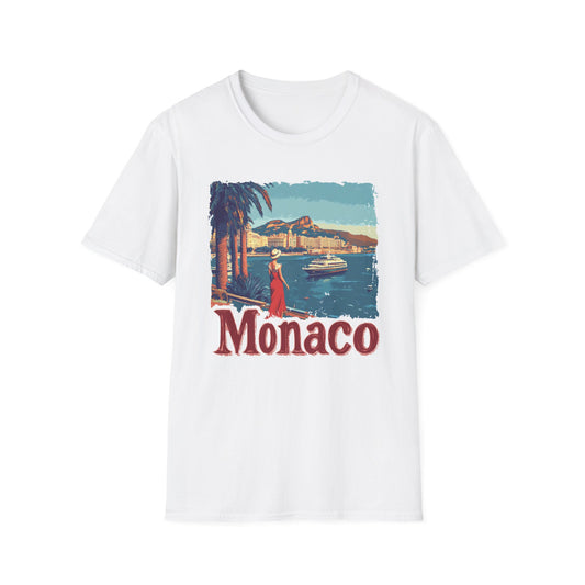 Vintage Monaco t-shirt featuring a scenic design with palm trees and a woman by the sea