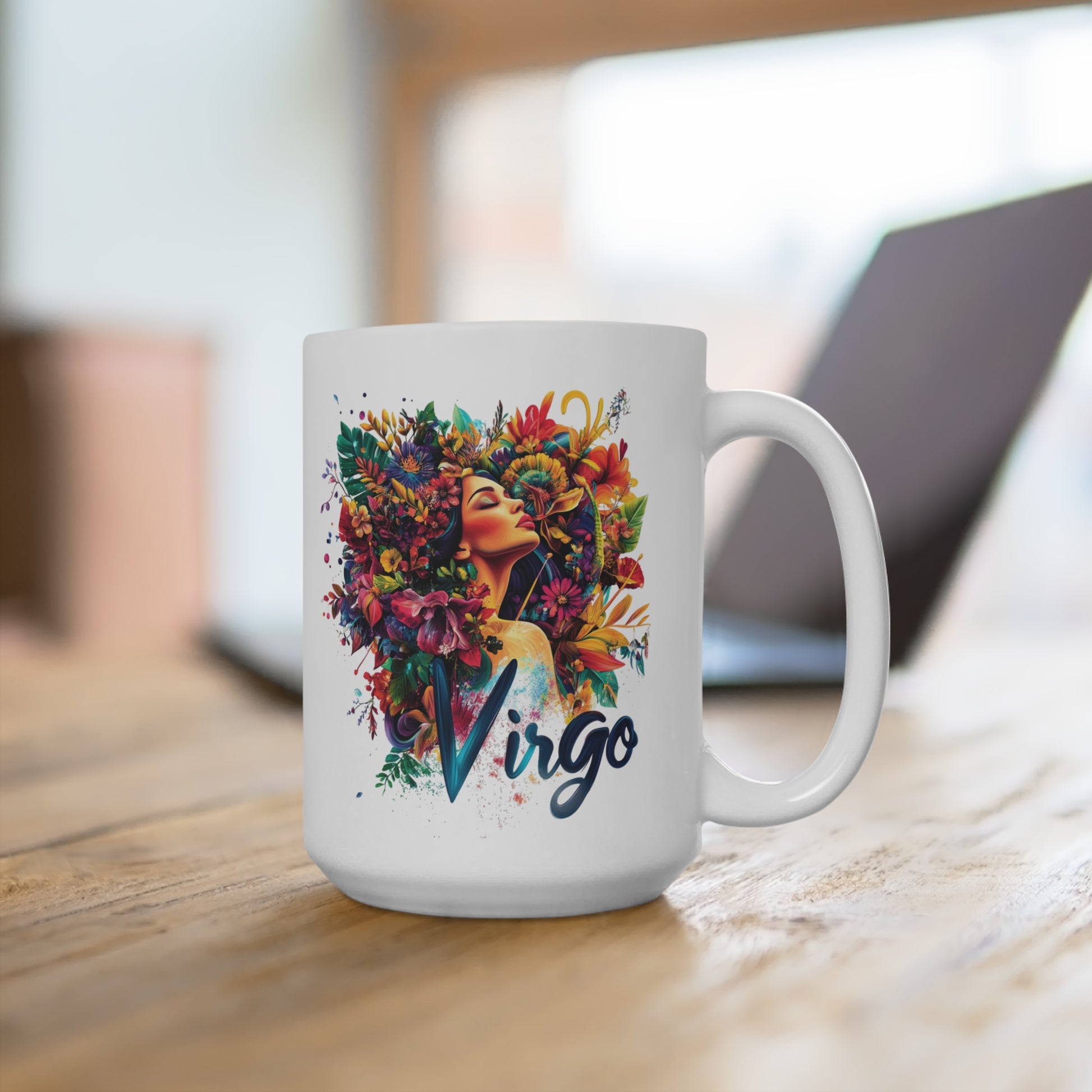 Virgo zodiac mug featuring a floral design and elegant illustration of a woman