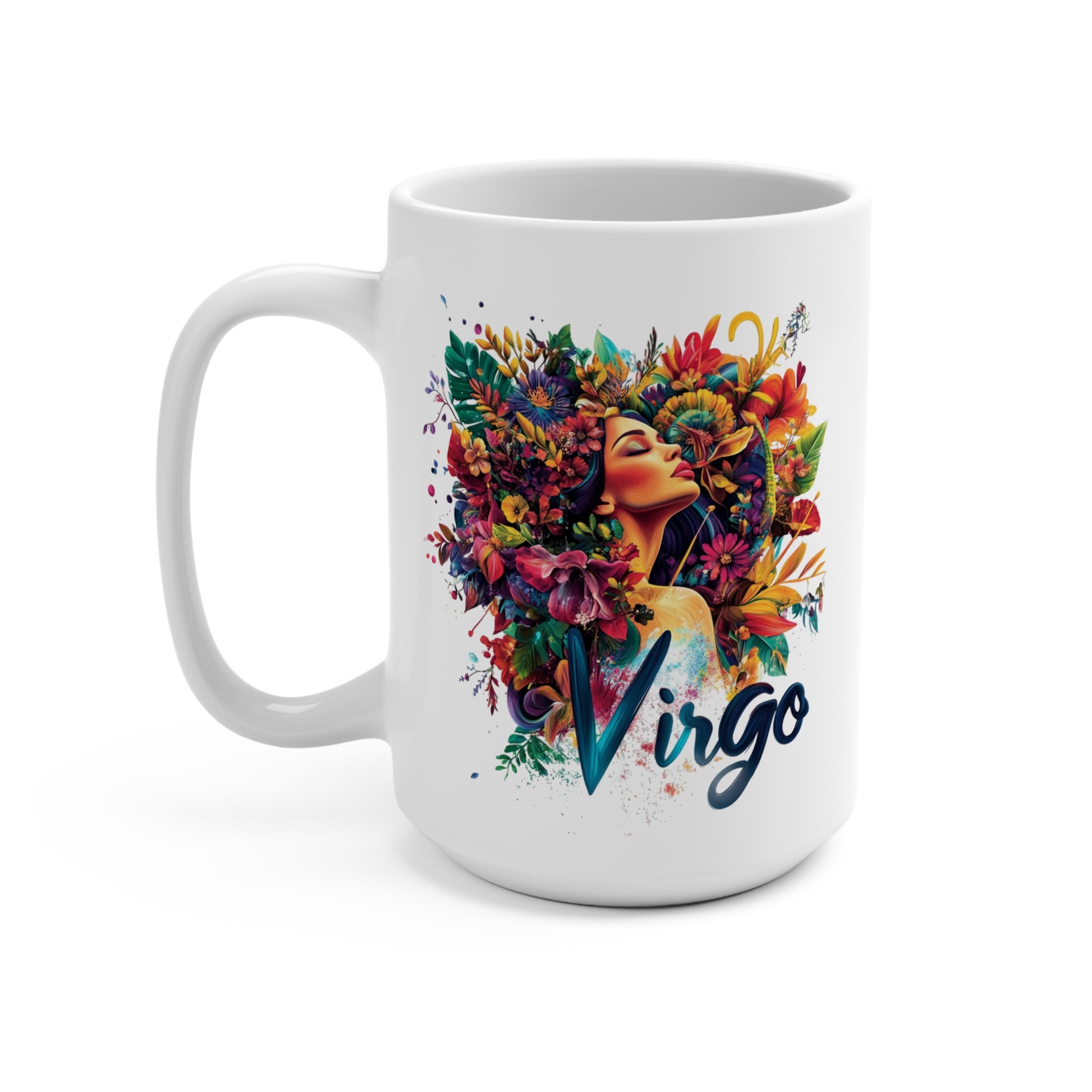Colorful Virgo zodiac mug featuring floral design and artistic Virgo illustration