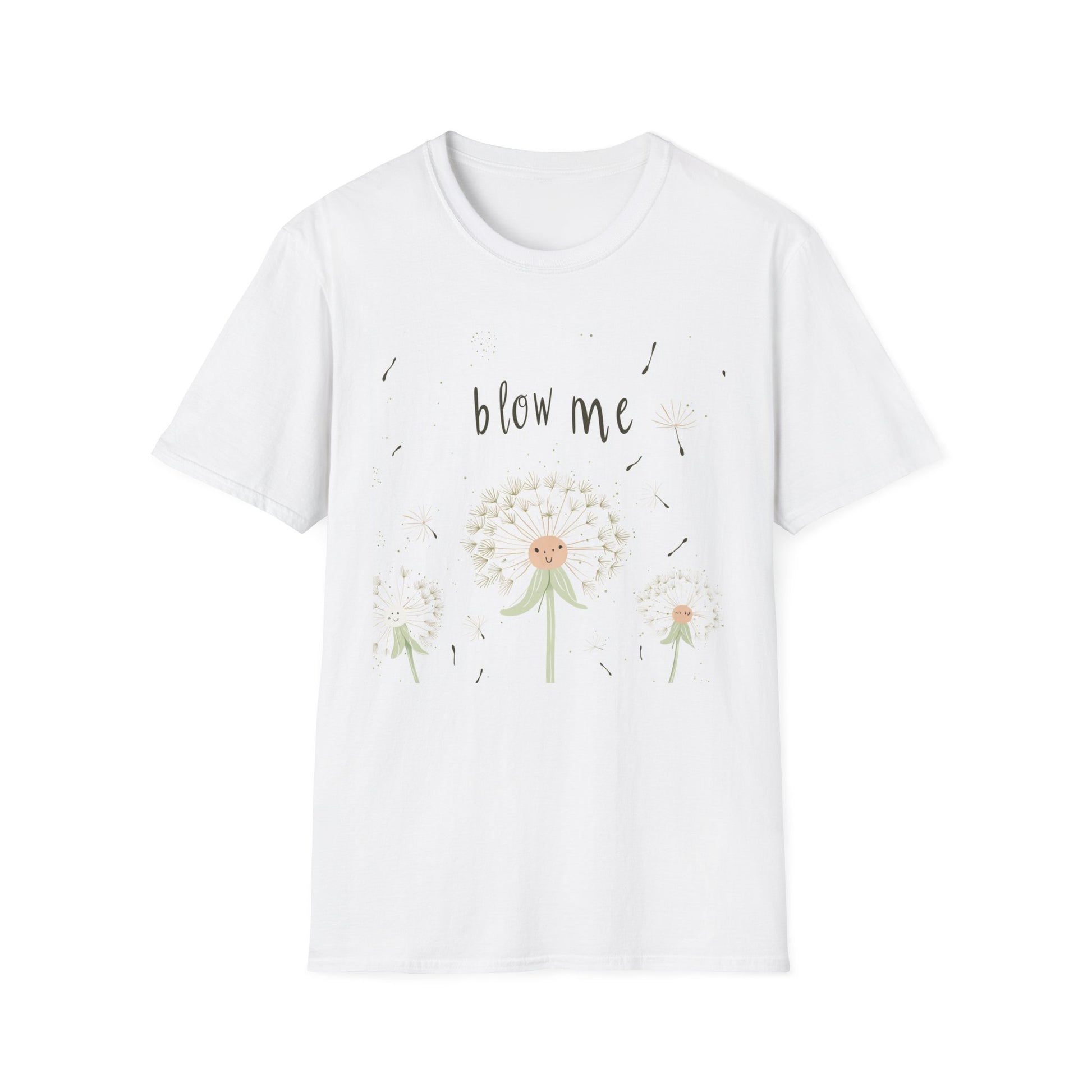 Whimsical dandelion t-shirt featuring playful dandelion artwork and the text blow me